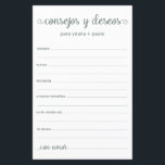 Råd och Önskemål spanska<br><div class="desc">Dessa enkla, eukalyptus-färgader, moderna, minimala, handskrivna skript Spanska rådet & Önskemål/Consejos y Deseos lakan är perfekt att ha möhippa, repetitionsmiddag eller bröllop gäster som fyller ut för lycklig-paret. Människor kommer att få de impulser som krävs - de gör det så lätt att lämna ord som älskar råd och bra önskemål....</div>