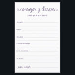 Råd och önskningar spanska<br><div class="desc">Dessa enkla, dammiga lila, moderna, minimala, handskrivna spanska Råd & Önskningar/Consejos y Deseos-blad är perfekta för att ha bröllopsdusch, repetitionsmiddag eller bröllopsgäster att fylla i för det lyckliga paret. Människor kommer att älska att ha uppmaningarna - de gör det så lätt att lämna kärleksfulla råd och goda önskningar. De kommer...</div>