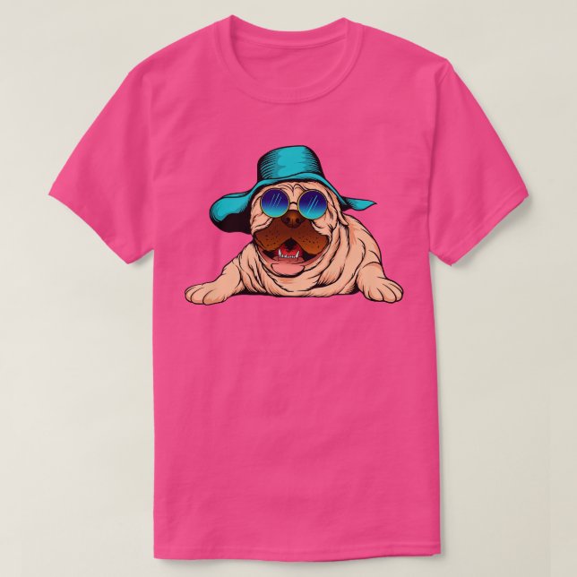 Rad Pug rocking blue shades och en hatt T Shirt (Design framsida)