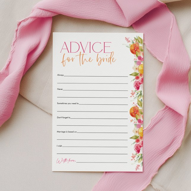 Råd till bruden Citrus Bröllopsduschspel (Advice for the Bride Bridal Shower Games | Bright floral citrus theme | Main Squeeze)