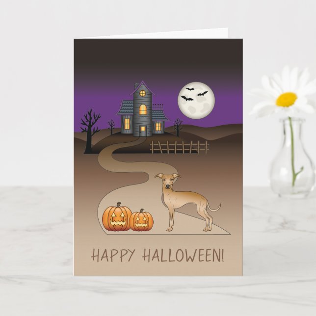 Rädd hjort söt hund och Halloween spökhus Kort (Liten växt)