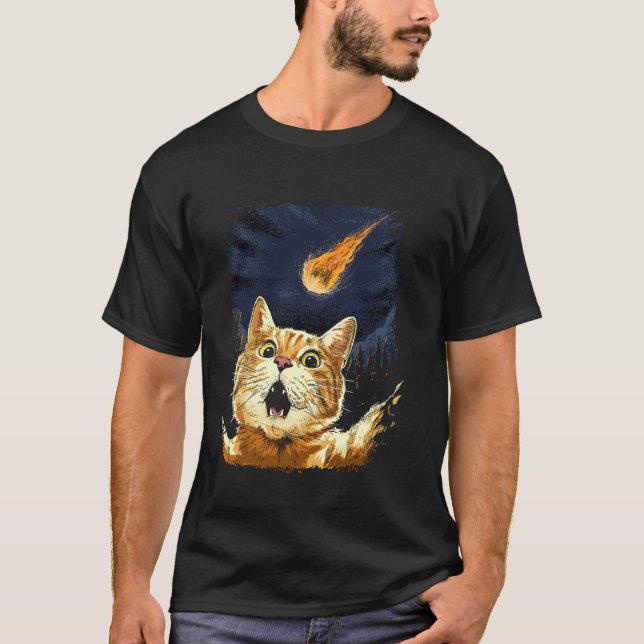 Rädd katt selfie katt meteorit asteroid nedslag Da T Shirt (Framsida)