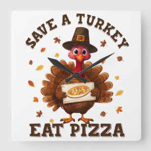Rädda en kalkon, ät pizza – rolig Thanksgiving-piz Fyrkantig Klocka