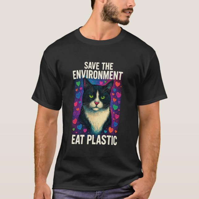 Rädda Miljön Ät Plast Rolig Söt Katt Mig T Shirt (Framsida)