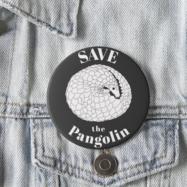 Rädda Pangolinen sällsynt utrotningshotad djur slo Knapp (Save the Pangolin animal art black and white slogan button scaly anteater endangered species)