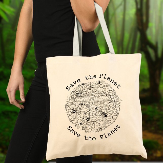 Rädda planeten jorden hotade djur och träd konst tygkasse (Save the planet animal earth line art tote bag)