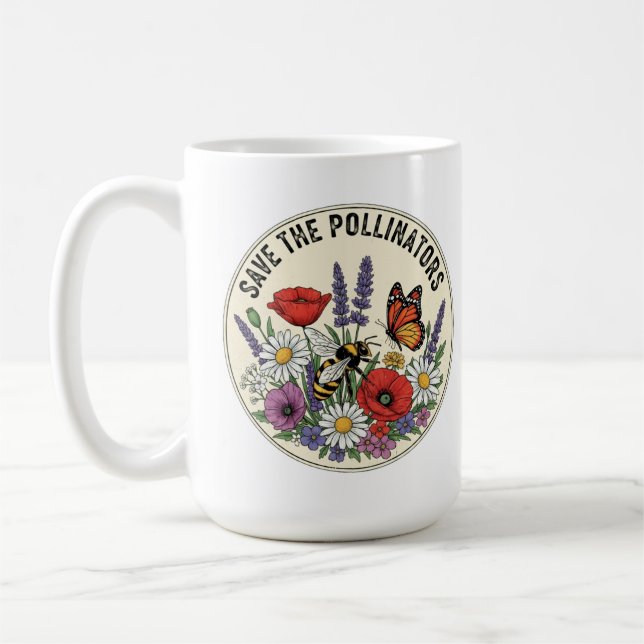 Rädda pollinatören med bin, fjärilar & blommor kaffemugg (Vänster)