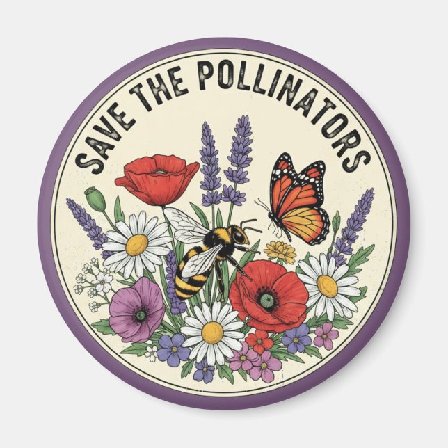 Rädda pollinatören med bin, fjärilar & blommor magnet (Framsidan)