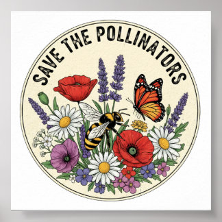 Rädda pollinatören med bin, fjärilar & blommor poster