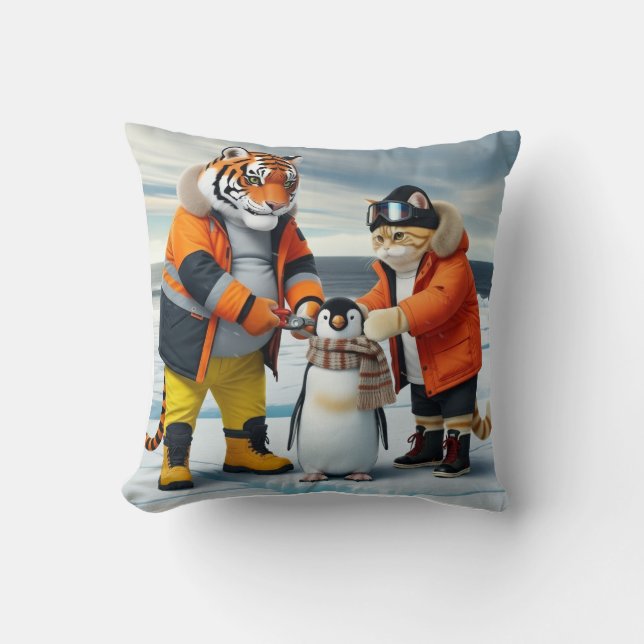Räddar små pingviner: Orange katt och tjock tiger Kudde (Framsida)