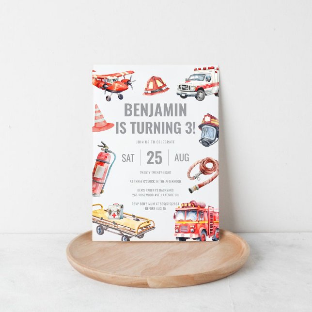 Rädding för brandmän, ThLED Boys, 3:e födelsedagen Inbjudningar (Firefighter Rescue Themed Boys 3rd Birthday Party Invitation)
