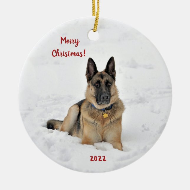 Rädding German Shepherd Hund in Winter Snö Ceramic Julgransprydnad Keramik (Framsidan)