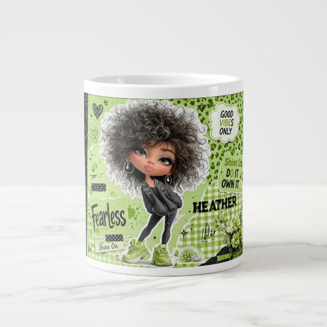 Räddningsfärgad Limegrön Afroflicka Personlig Mugg Jumbo Mugg (Framsidan)