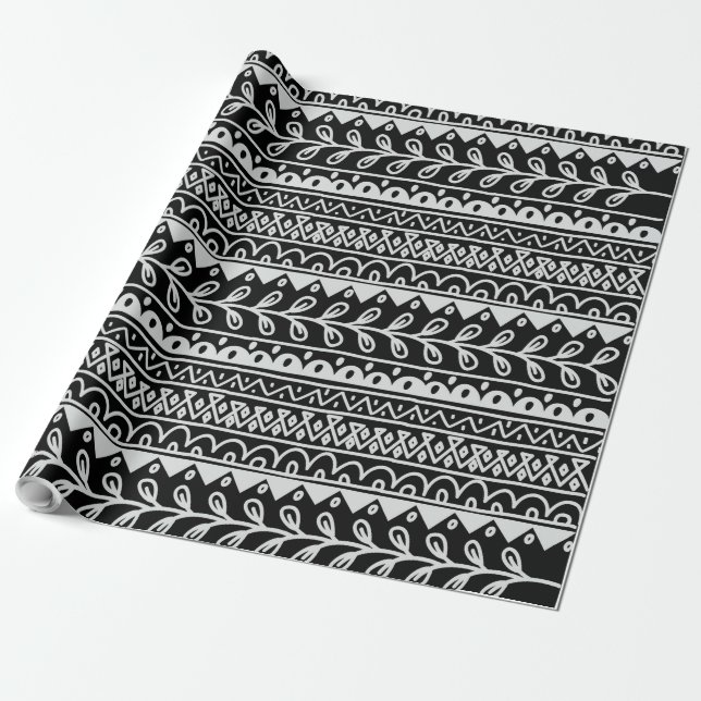 Rader med svarta och vita klotter-mönster presentpapper (Utrullad)