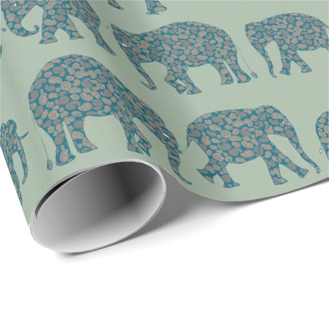 Raderna Paisley Elephants på Sage Grönt Giftwrap Presentpapper (Rullad Hörn)