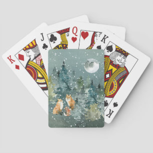 Rädfamilj i skog fullmåne snöfall casinokort