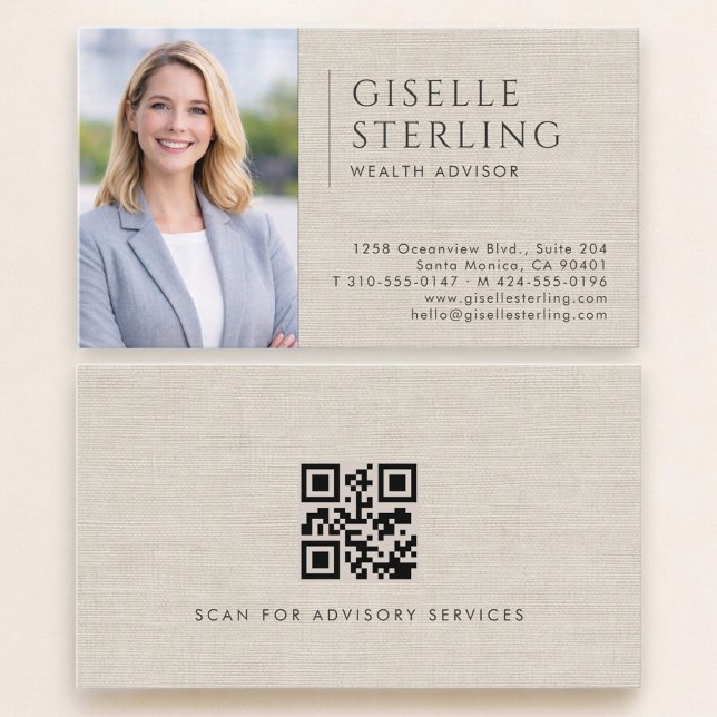 Rådgivare för förmögenhet Linen Foto QR-kod Visitkort (Skapare uppladdad)