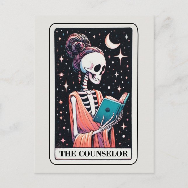 Rådgivaren Tarot-läsning Skelett Bokälskare Vykort (Framsida)