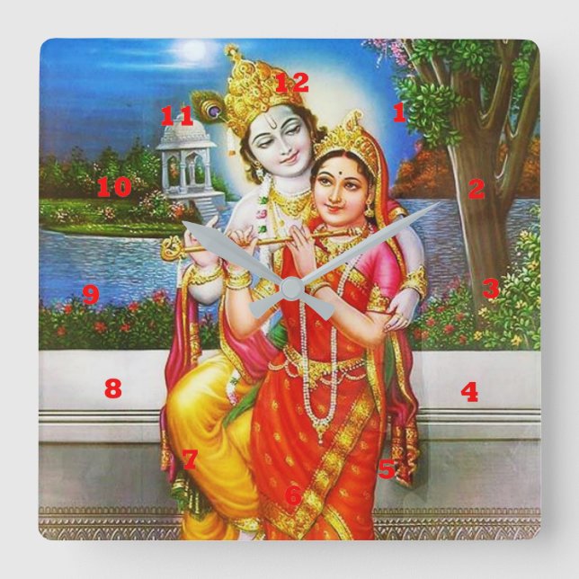 RADHA Krishna Flute Instrument Gudom Heliga Fyrkantig Klocka (Framsida)