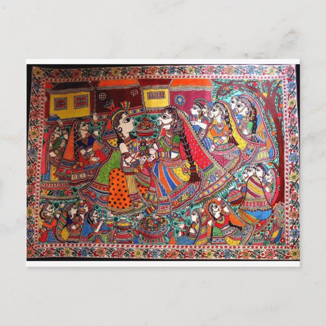 RADHA KRISHNA HINDU GODS MADHUBANI ART STIL VYKORT (Framsida)