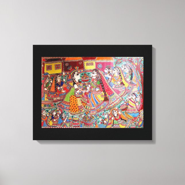 RADHA- KRISHNA INDIAN MADHUBANI STIL ART PRINT CANVASTRYCK (Framsida)