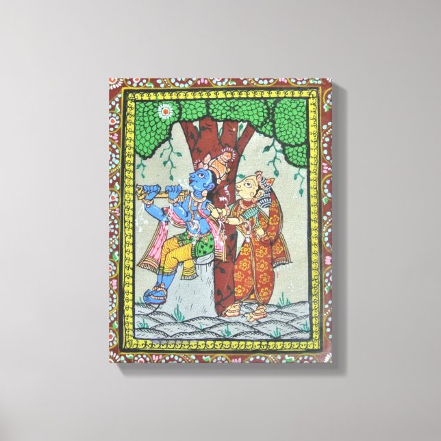 Radha Krishna Kärlek Tribal Indian Pattachitra Art Canvastryck (Framsida)