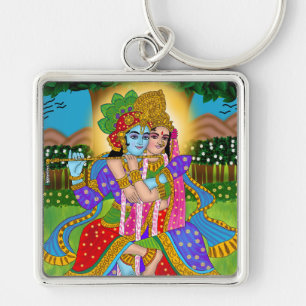 Radha Krishna Keychain Fyrkantig Silverfärgad Nyckelring