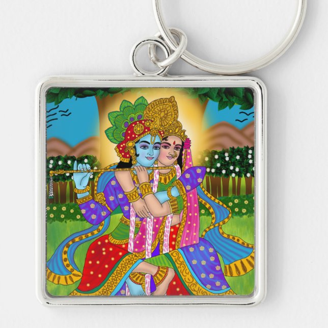 Radha Krishna Keychain Fyrkantig Silverfärgad Nyckelring (Framsidan)