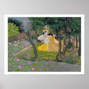 Radha och Krishna omfamnar i en grov blommar Poster