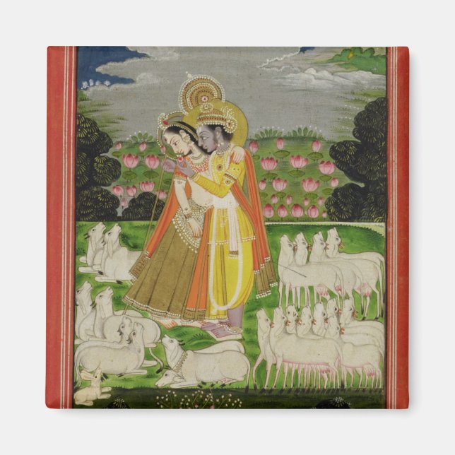 Radha och Krishna omfamnar i ett idealiserat lands Magnet (Framsidan)