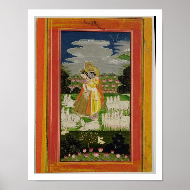 Radha och Krishna omfamnar i ett idealiserat lands Poster (Framsidan)