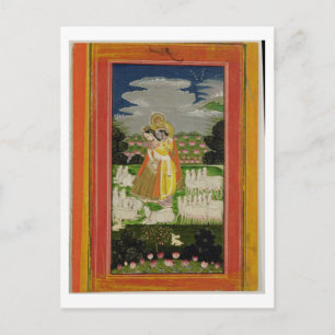 Radha och Krishna omfamnar i ett idealiserat lands Vykort