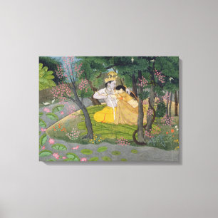 Radha och Krishna omfamning i en dunge av blommar Canvastryck