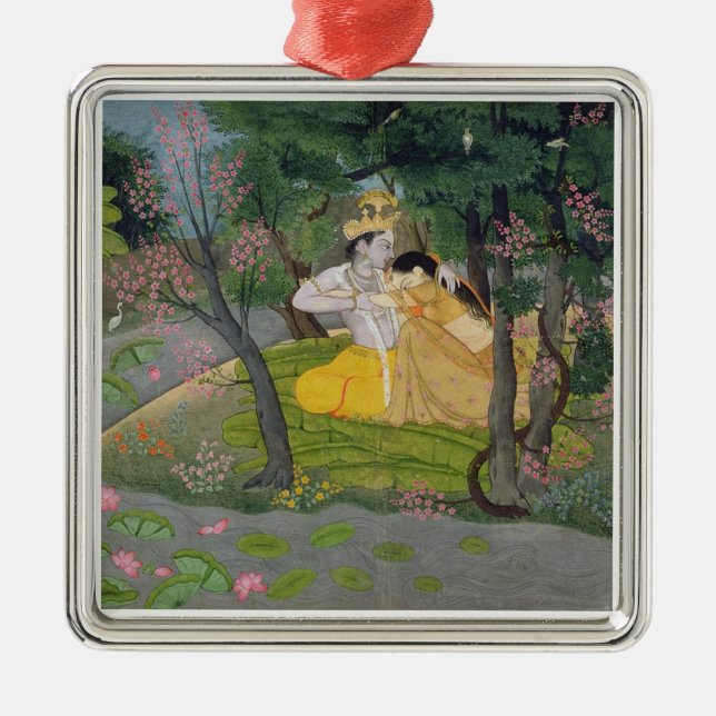 Radha och Krishna omfamning i en dunge av blommar Julgransprydnad Metall (Framsidan)