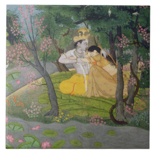 Radha och Krishna omfamning i en dunge av blommar Kakelplatta