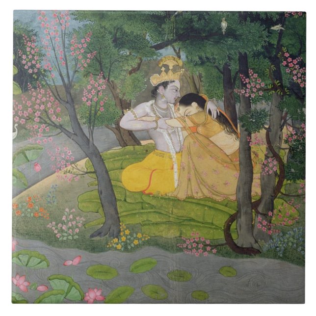 Radha och Krishna omfamning i en dunge av blommar Kakelplatta (Framsidan)