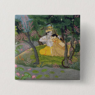 Radha och Krishna omfamning i en dunge av blommar Knapp