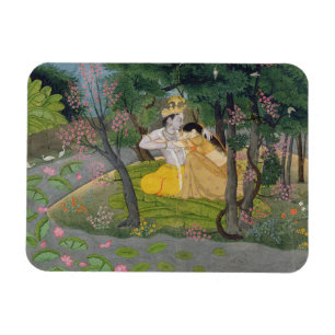 Radha och Krishna omfamning i en dunge av blommar Magnet