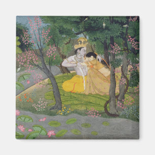 Radha och Krishna omfamning i en dunge av blommar Magnet