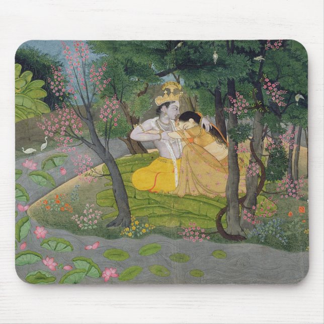 Radha och Krishna omfamning i en dunge av blommar Musmatta (Framsidan)