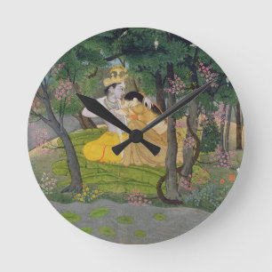 Radha och Krishna omfamning i en dunge av blommar Rund Klocka