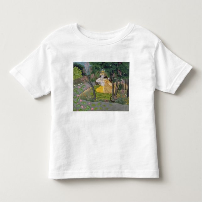 Radha och Krishna omfamning i en dunge av blommar Tee Shirt (Framsida)