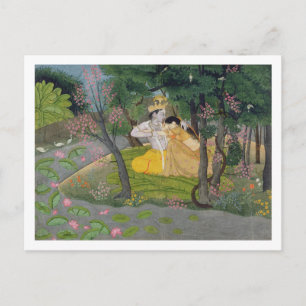 Radha och Krishna omfamning i en dunge av blommar Vykort