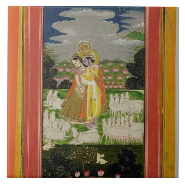 Radha och Krishna omfamning i en idealised Kakelplatta (Framsidan)