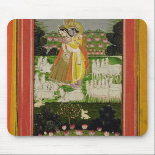 Radha och Krishna omfamning i en idealised Musmatta