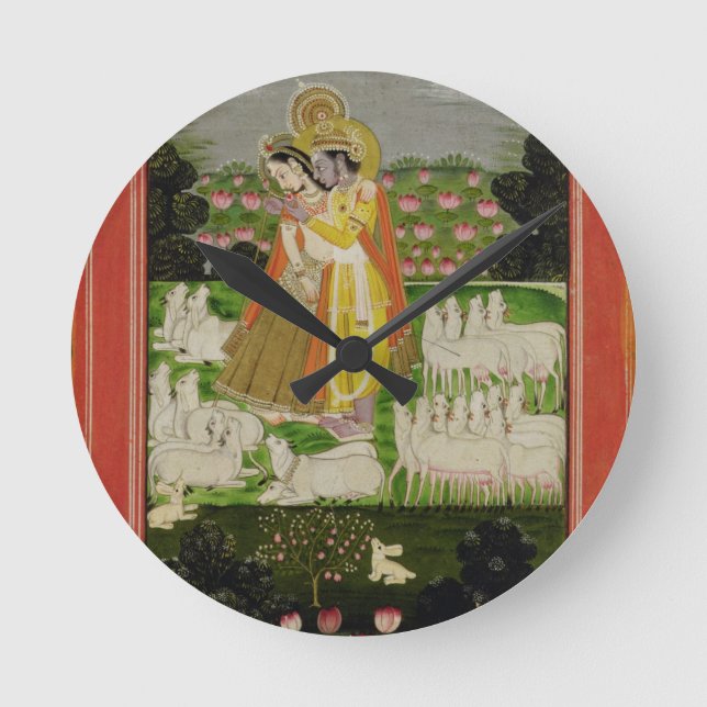 Radha och Krishna omfamning i en idealised Rund Klocka (Framsida)