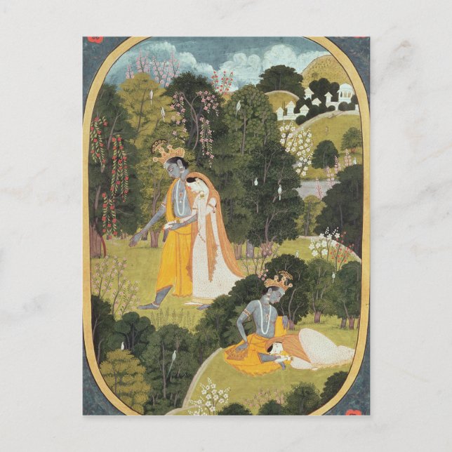 Radha och Krishna som går i en dunge Vykort (Framsida)