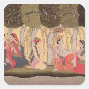 Radha och Krishna som placeras i en dunge, Kulu Fyrkantigt Klistermärke