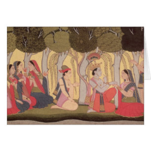 Radha och Krishna som placeras i en dunge, Kulu Hälsningskort