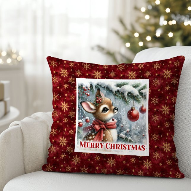 Radiant baby deer snowy forest Christmas scene  Kudde (Radiant baby deer snowy forest Christmas scene pillow)